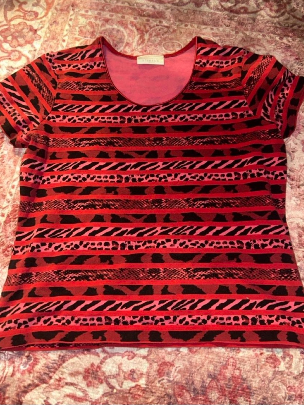 Worthington Pink and Black Short Sleeve Animal Stripe Tee
